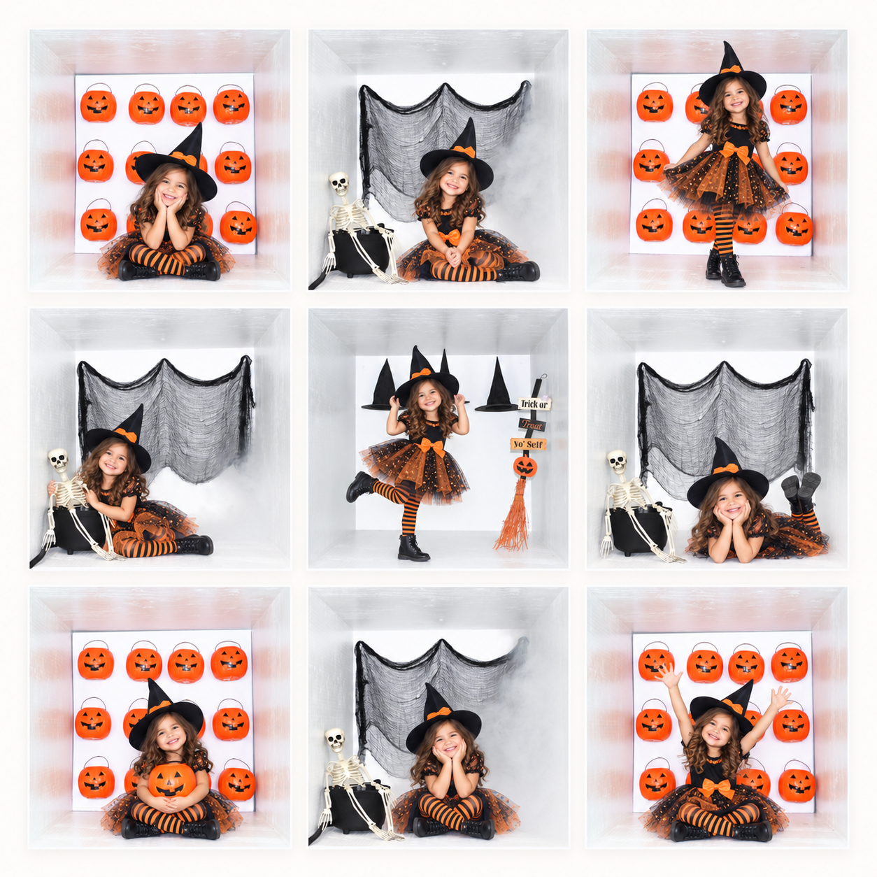 Spooky Mini Session photos — a child in a witch costume posing in the Halloween box sets